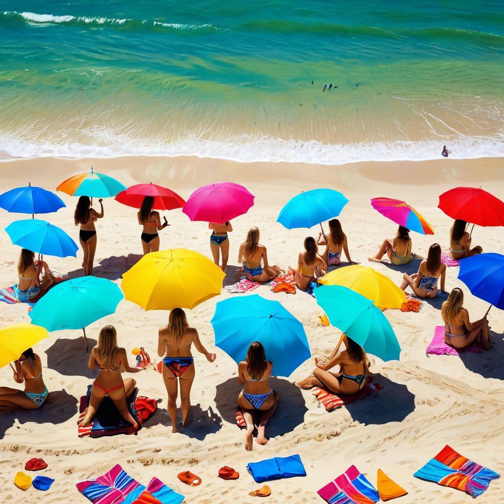 A vibrant beach scene featuring various women showcasing different bikini styles in sunny weather, surrounded by colorful beach towels and umbrellas. Include elements like seashells and beach toys in the sand, with waves gently crashing in the background. Highlight diverse body types and confidence in enjoying beach life together. bright and sunny colors. tropical theme. super-realistic.