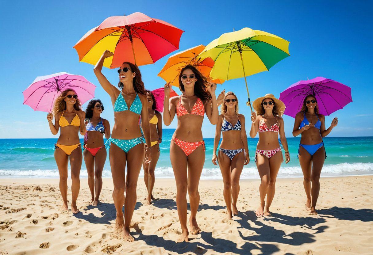 A vibrant beach scene showcasing diverse women of different body types modeling stylish bikinis in a variety of trendy colors and patterns. Include elements like colorful beach umbrellas, playful waves in the background, and people enjoying summer activities like beach volleyball and paddleboarding. Create an atmosphere of fun and confidence, highlighting the joy of a summer adventure. super-realistic. vibrant colors. sunny atmosphere.